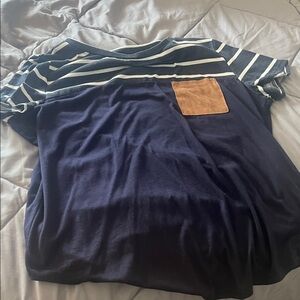 SHEIN Navy and White Striped Tee with Brown Pocket
